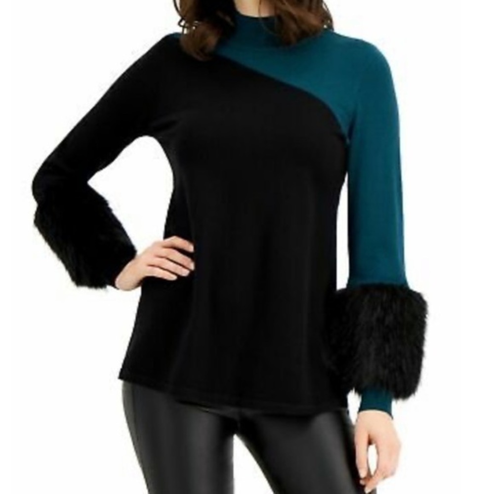 NEW Alfani Black Teal Chic Stylish Sweater Faux Fur Cuffs Size L